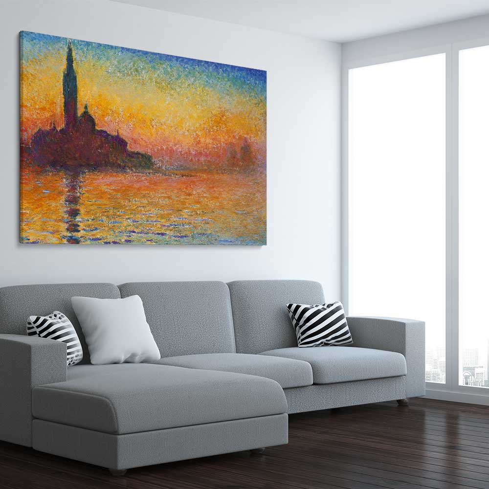 Classic wall art and canvas print of San Giorgio Claude Monet on a stretched canvas displayed from an angle in a room