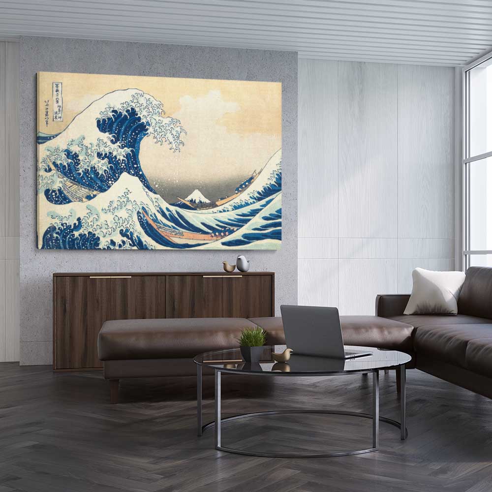 Classic wall art and canvas print of The Great Wave Hokusai on a stretched canvas displayed from an angle in a room