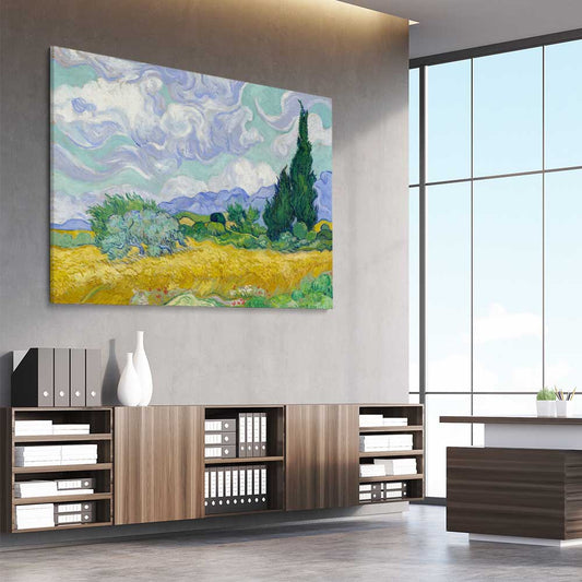 Classic wall art and canvas print of Wheatfield Van Gogh on a stretched canvas displayed from an angle in a room