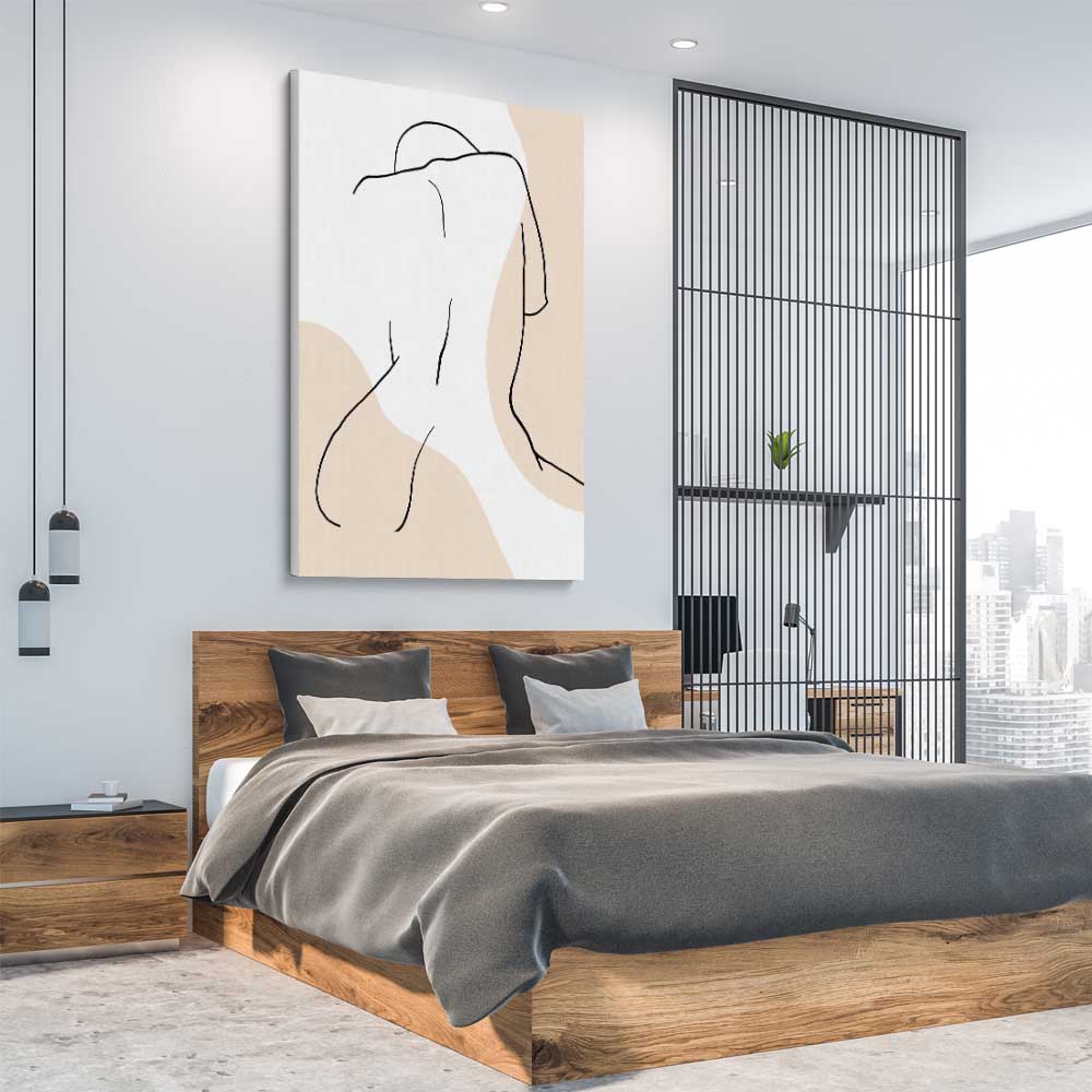 Beige Back stretched canvas displayed from an angle in a room - part of our high quality fashion canvas wall art and prints collection