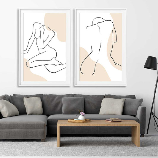 Beige Comfort Pair stretched canvas displayed from an angle in a room - part of our high quality fashion canvas wall art and prints collection