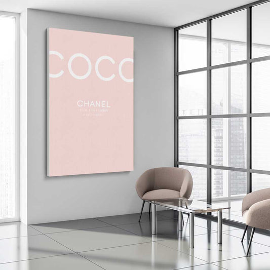 Coco Fashion Pink stretched canvas displayed from an angle in a room - part of our high quality fashion canvas wall art and prints collection