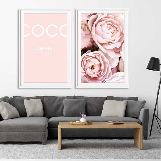 Coco Pink Pair stretched canvas displayed from an angle in a room - part of our high quality fashion canvas wall art and prints collection
