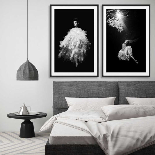 Evening Dress Pair stretched canvas displayed from an angle in a room - part of our high quality fashion canvas wall art and prints collection