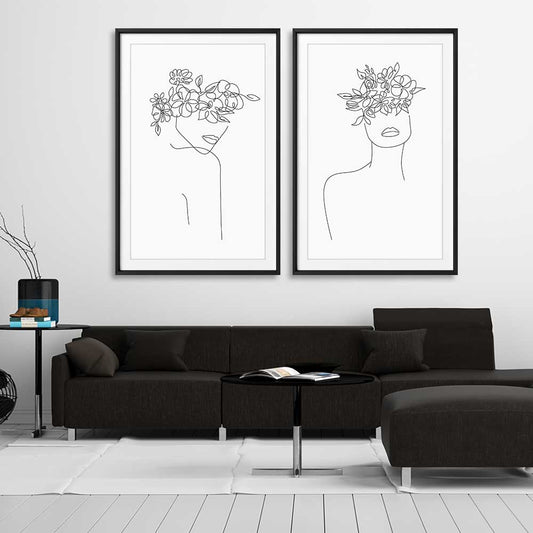 Floral Beauty Pair stretched canvas displayed from an angle in a room - part of our high quality fashion canvas wall art and prints collection