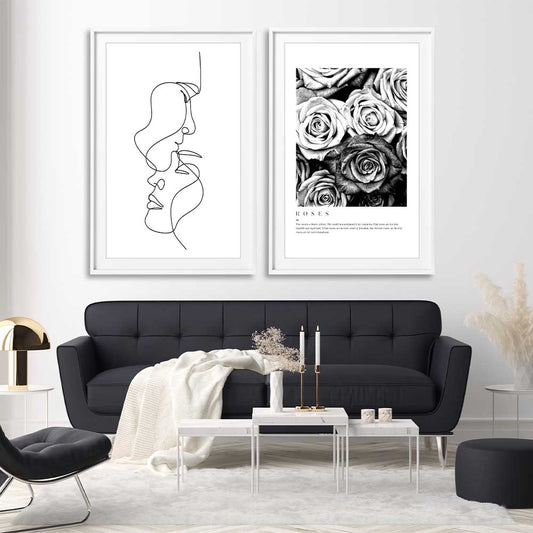 Grey Flowers Pair stretched canvas displayed from an angle in a room - part of our high quality fashion canvas wall art and prints collection