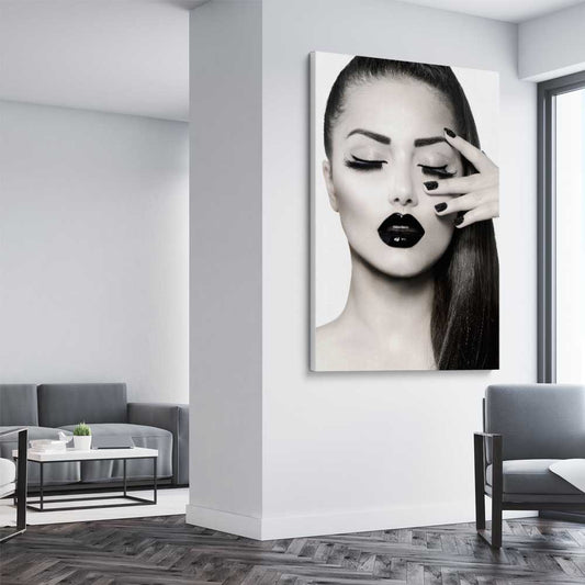 Monotone Model stretched canvas displayed from an angle in a room - part of our high quality fashion canvas wall art and prints collection