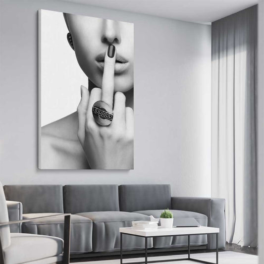 The Finger stretched canvas displayed from an angle in a room - part of our high quality fashion canvas wall art and prints collection
