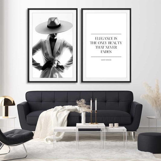 White Hat Gaze Pair stretched canvas displayed from an angle in a room - part of our high quality fashion canvas wall art and prints collection
