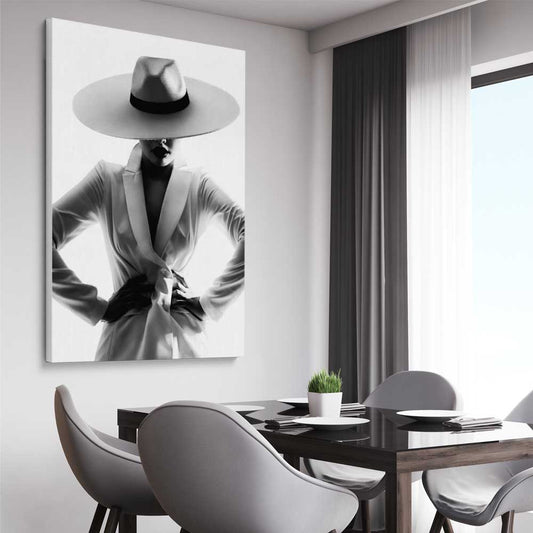 White Hat Gaze stretched canvas displayed from an angle in a room - part of our high quality fashion canvas wall art and prints collection