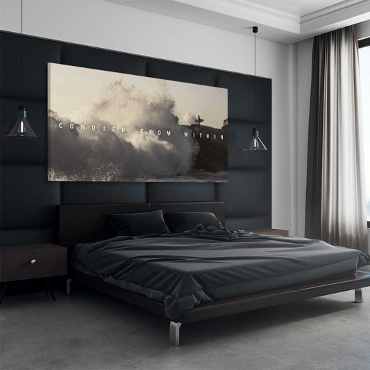 Inspirational wall art print of Conquer on a stretched canvas displayed from an angle in a room