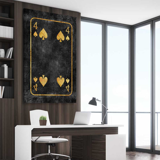 Inspirational wall art print of Four of Spades on a stretched canvas displayed from an angle in a room