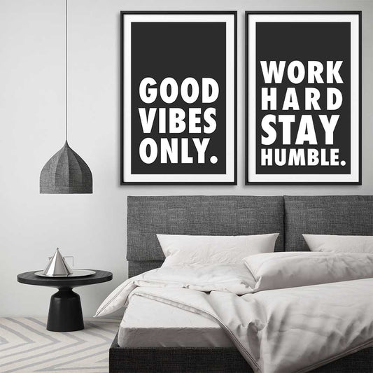 Inspirational wall art print of Good Vibes Pair on a stretched canvas displayed from an angle in a room