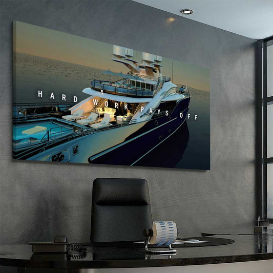 Hard Work Pays Off stretched canvas displayed from an angle in a room - part of our high quality fashion canvas wall art and prints collection