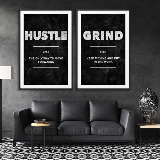 Inspirational wall art print of Hustle Definition Pair on a stretched canvas displayed from an angle in a room