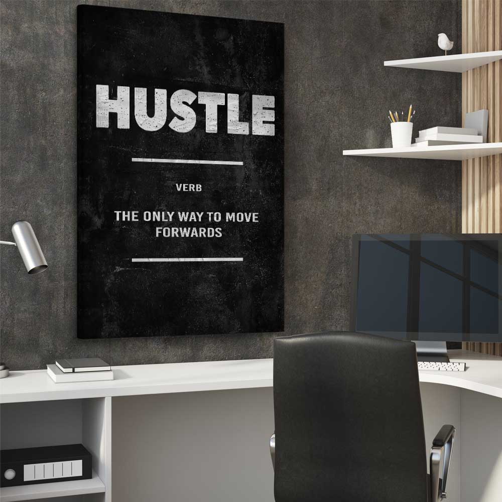 Inspirational wall art print of Hustle Definition on a stretched canvas displayed from an angle in a room