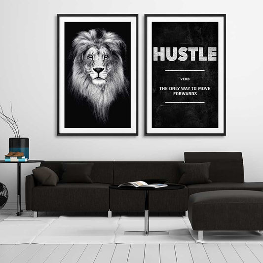 Inspirational wall art print of Lion Gaze Pair on a stretched canvas displayed from an angle in a room