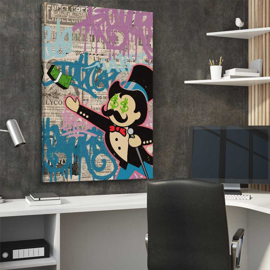 Moneybags Graffiti stretched canvas displayed from an angle in a room - part of our high quality fashion canvas wall art and prints collection