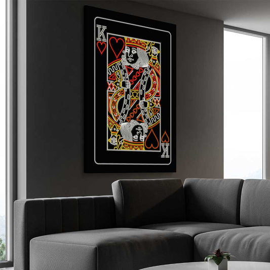 Neon King stretched canvas displayed from an angle in a room - part of our high quality fashion canvas wall art and prints collection