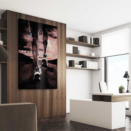 Inspirational wall art print of Perseverance on a stretched canvas displayed from an angle in a room
