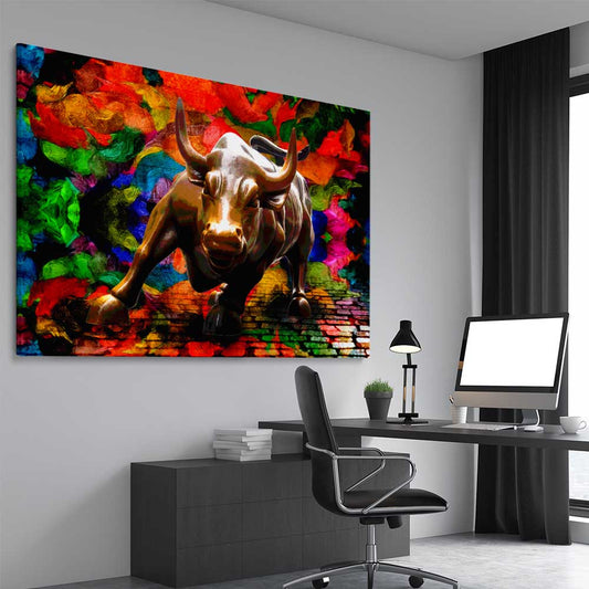 Inspirational wall art print of Raging Bull on a stretched canvas displayed from an angle in a room