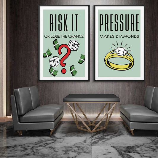 Inspirational wall art print of Roll the Dice Pair on a stretched canvas displayed from an angle in a room