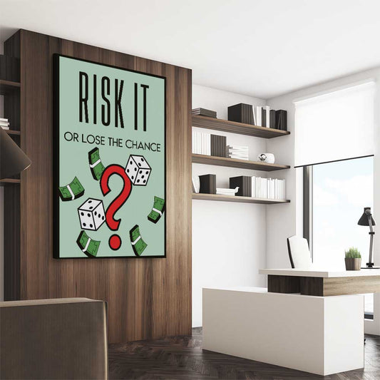 Inspirational wall art print of Roll the Dice on a stretched canvas displayed from an angle in a room