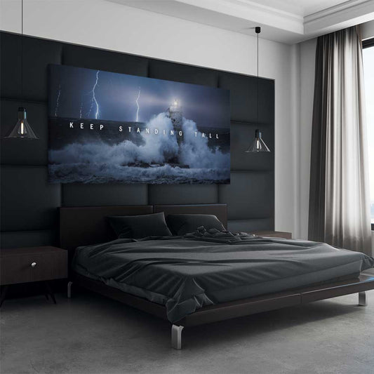 Inspirational wall art print of Stand Tall on a stretched canvas displayed from an angle in a room