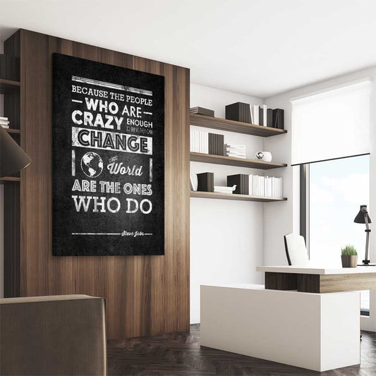 Inspirational wall art print of Steve Jobs Words on a stretched canvas displayed from an angle in a room