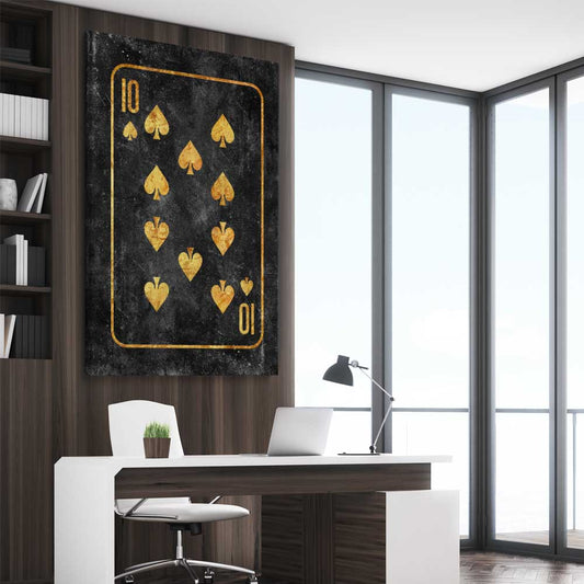 Inspirational wall art print of Ten of Spades on a stretched canvas displayed from an angle in a room
