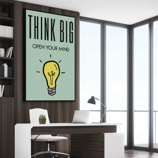 Inspirational wall art print of Think Big on a stretched canvas displayed from an angle in a room