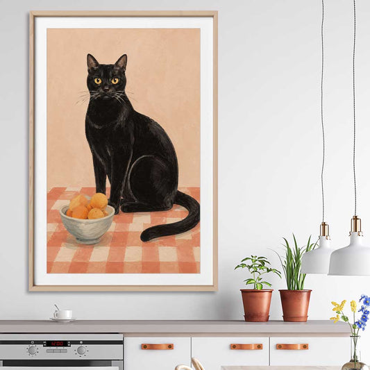 Black Cat and Peaches stretched canvas displayed from an angle in a room is a colourful and stylish canvas wall art and print suited for the kitchen area