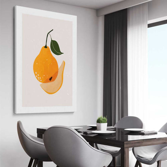 Brown Pear stretched canvas displayed from an angle in a room is a colourful and stylish canvas wall art and print suited for the kitchen area