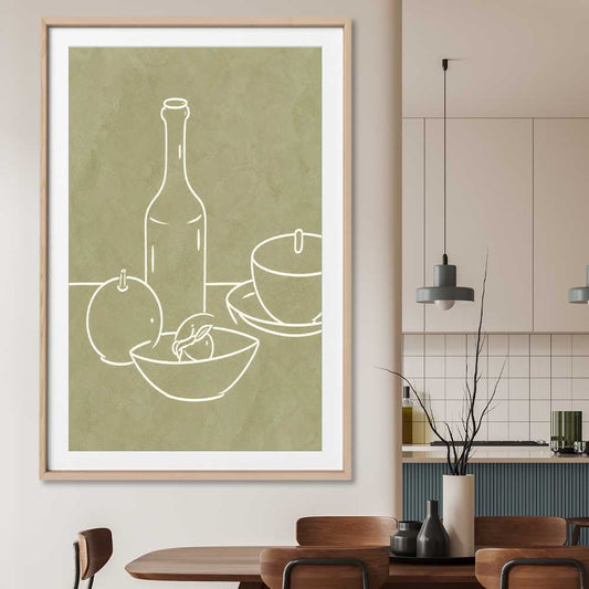 Green Bottle stretched canvas displayed from an angle in a room is a colourful and stylish canvas wall art and print suited for the kitchen area