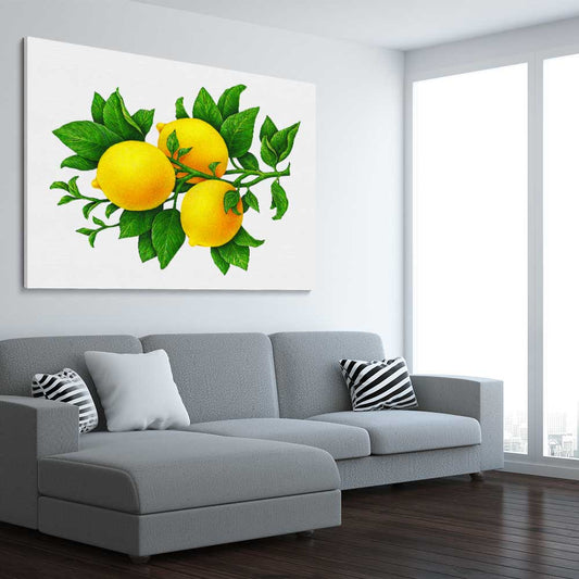 Lemon Botanical stretched canvas displayed from an angle in a room is a colourful and stylish canvas wall art and print suited for the kitchen area