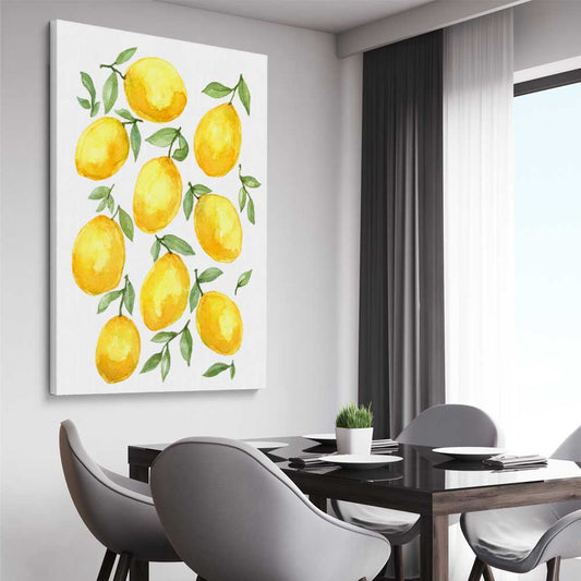 Lemon Bunch stretched canvas displayed from an angle in a room is a colourful and stylish canvas wall art and print suited for the kitchen area