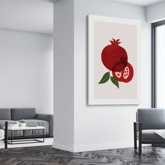 Red Pomegranate stretched canvas displayed from an angle in a room is a colourful and stylish canvas wall art and print suited for the kitchen area