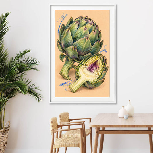 Sculptural Artichokes stretched canvas displayed from an angle in a room is a colourful and stylish canvas wall art and print suited for the kitchen area