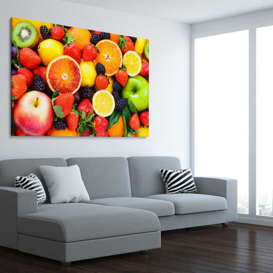 Vibrant Fruit Medley stretched canvas displayed from an angle in a room is a colourful and stylish canvas wall art and print suited for the kitchen area
