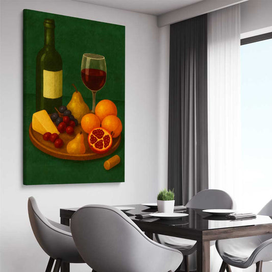 Wine at Dusk One stretched canvas displayed from an angle in a room is a colourful and stylish canvas wall art and print suited for the kitchen area