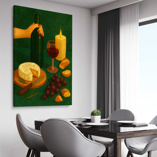 Wine at Dusk Two stretched canvas displayed from an angle in a room is a colourful and stylish canvas wall art and print suited for the kitchen area