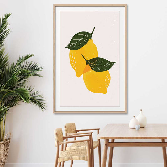 Yellow Lemon stretched canvas displayed from an angle in a room is a colourful and stylish canvas wall art and print suited for the kitchen area