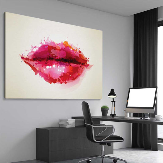 Abstract Lips stretched canvas displayed from an angle in a room - part of our high quality canvas lips wall art collection