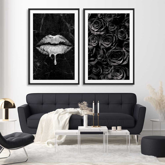 Darkened Lust Pair stretched canvas displayed from an angle in a room - part of our high quality canvas lips wall art collection