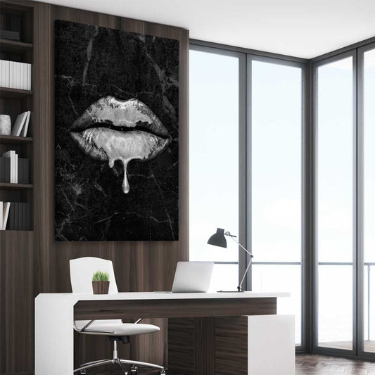 Darkened Lust stretched canvas displayed from an angle in a room - part of our high quality canvas lips wall art collection
