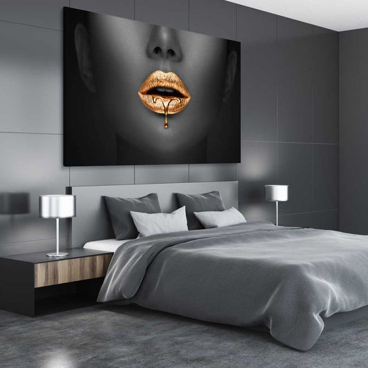 Dripping Elegance stretched canvas displayed from an angle in a room - part of our high quality canvas lips wall art collection