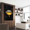 Golden Lust stretched canvas displayed from an angle in a room - part of our high quality canvas lips wall art collection