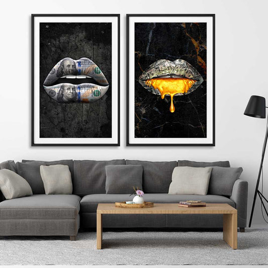 Money Lips Pair stretched canvas displayed from an angle in a room - part of our high quality canvas lips wall art collection