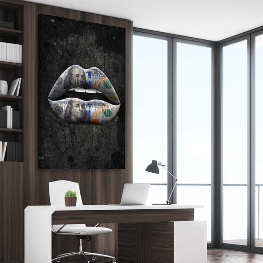 Money Lips stretched canvas displayed from an angle in a room - part of our high quality canvas lips wall art collection