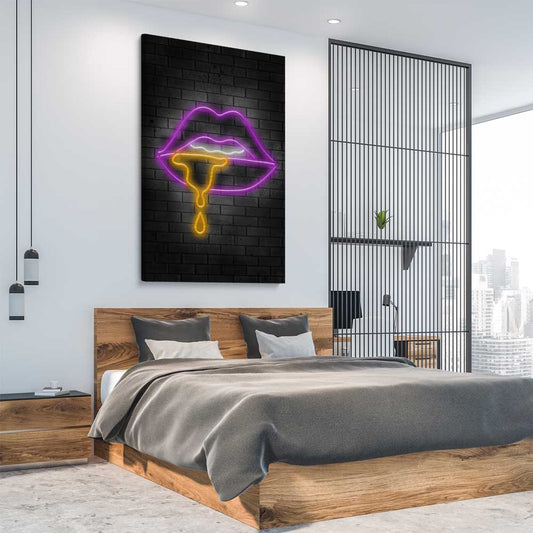 Neon Lips stretched canvas displayed from an angle in a room - part of our high quality canvas lips wall art collection